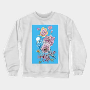 Blue Budgie and Rose Watercolor Painting on Blue Crewneck Sweatshirt